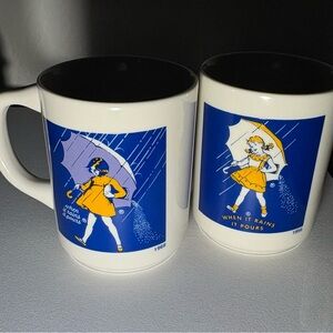 Vintage Morton Salt Girl Mugs with Blue and Yellow Design